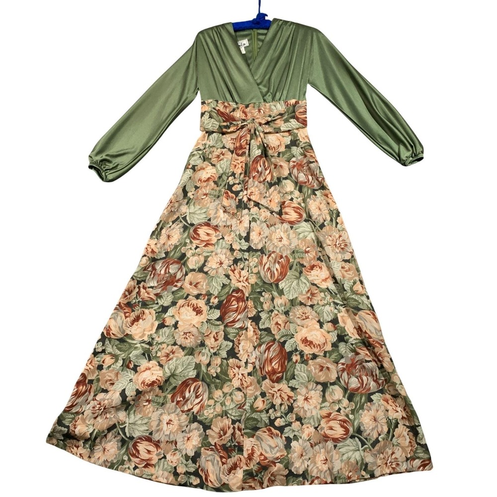 Vintage 80s Solo San Francisco Fairy Green Floral Maxi Dress 9-10 Excellent‎